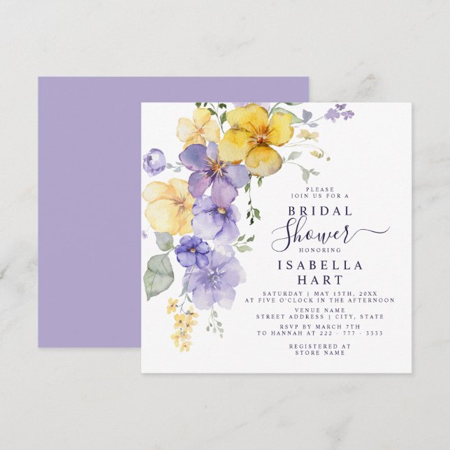 Invitación Lavanda Amarillo Botánico Floral Ducha de Novias (Anverso / Reverso)