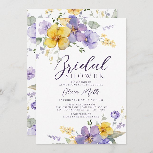 Invitación Lavanda Amarillo Lilac Morado Floral Ducha de novi (Anverso / Reverso)