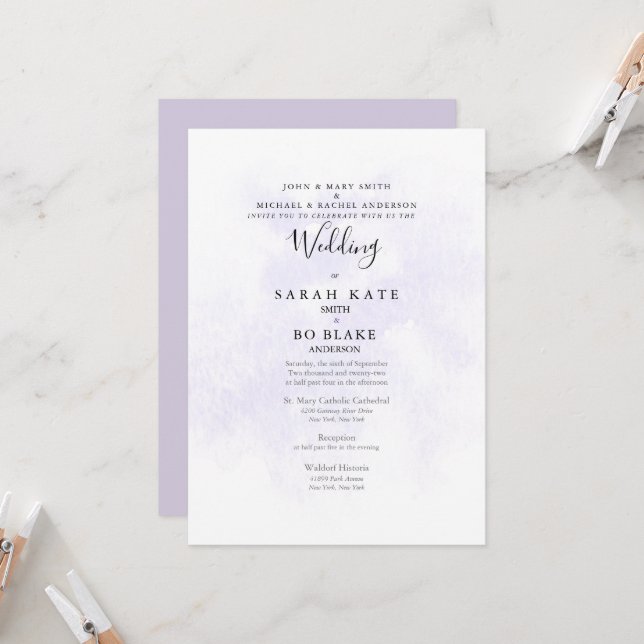 Invitación Lavanda Ambos Conjuntos Padres Dos Lugares Boda (Anverso/Reverso In Situ)