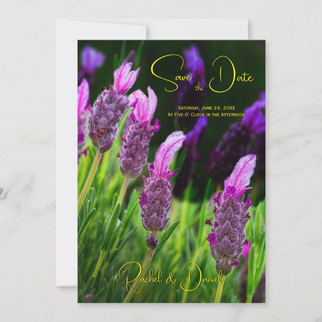 Invitación Lavanda, Amor y Devoción Amarillo, Salva la Fecha, (Anverso)