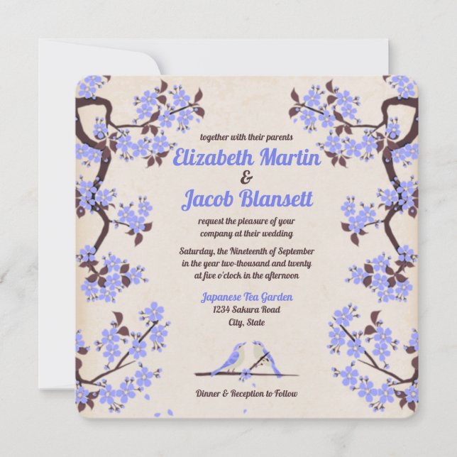 Invitación Lavanda azul Sakura y Boda de Aves Amadas (Anverso)