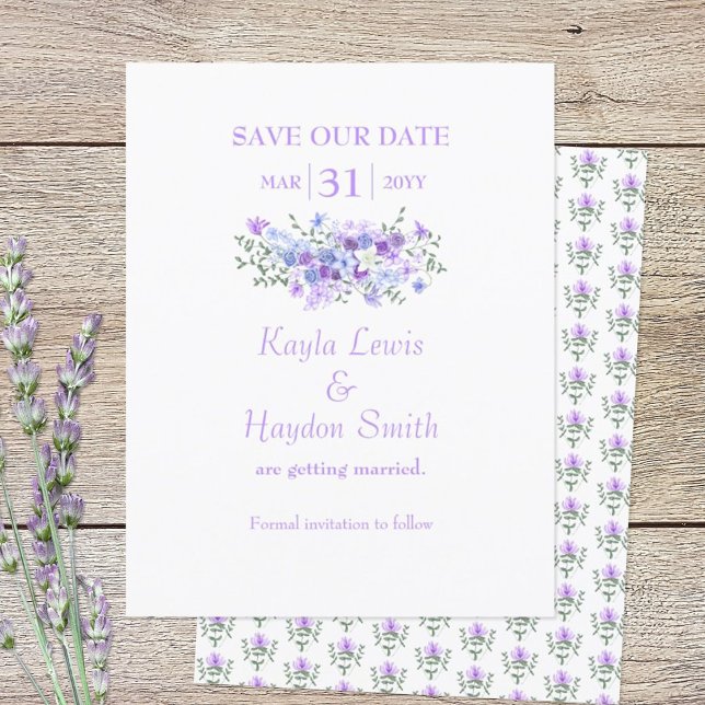 Invitación Lavanda, boda de Bouquet azul claro salva la fecha (lavender and dusty blue SAVE OUR DATE wedding announcement)