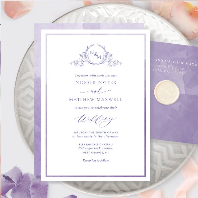 Invitación Lavanda, Boda de Monograma Elegante de Acuarela (Subido por el creador)