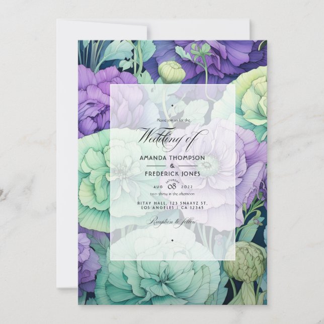 Invitación Lavanda con Boda de Primavera Floral Verde (Anverso)