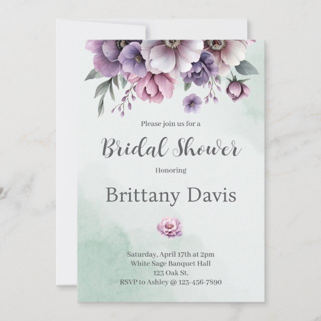 Invitación Lavanda con ducha de novia y flor verde (Anverso)