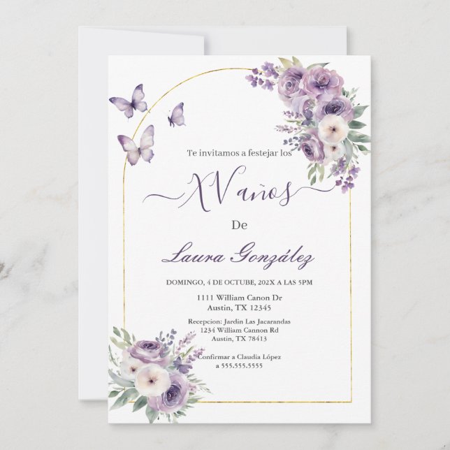Invitación Lavanda con mariposas Quinceanera español (Anverso)