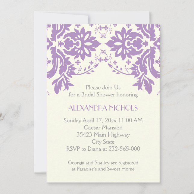 Invitación Lavanda Damask, ducha de novia gris, boda de marfi (Anverso)