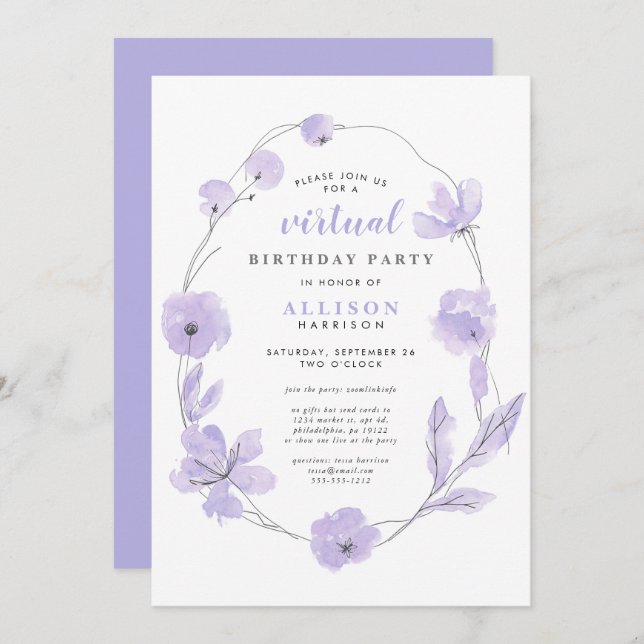 Invitación Lavanda de acuarela floral de fiesta de cumpleaños (Anverso / Reverso)