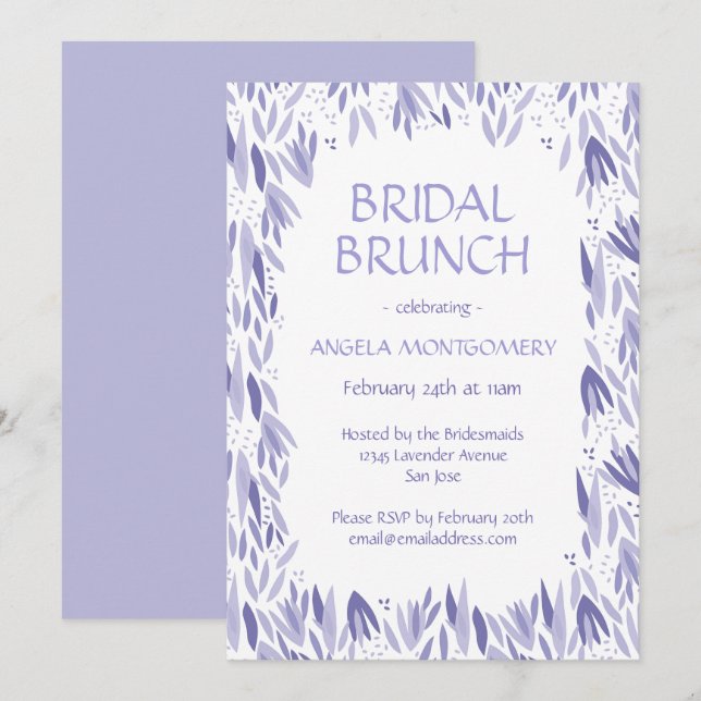 Invitación Lavanda de brunch nupcial deja patrón (Anverso / Reverso)