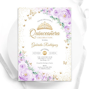 Invitación Lavanda de color de agua Quinceanera floral púrpur