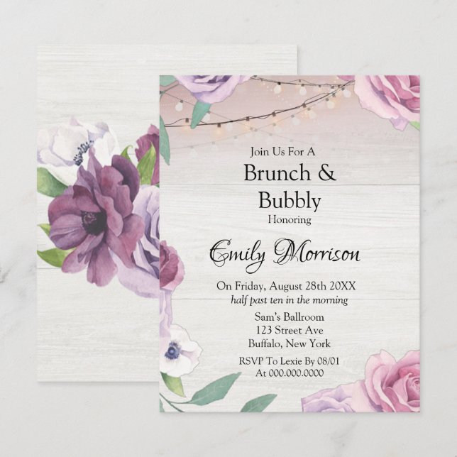 Invitación Lavanda de cuerda de madera Lavanda Peony Brunch y (Anverso / Reverso)