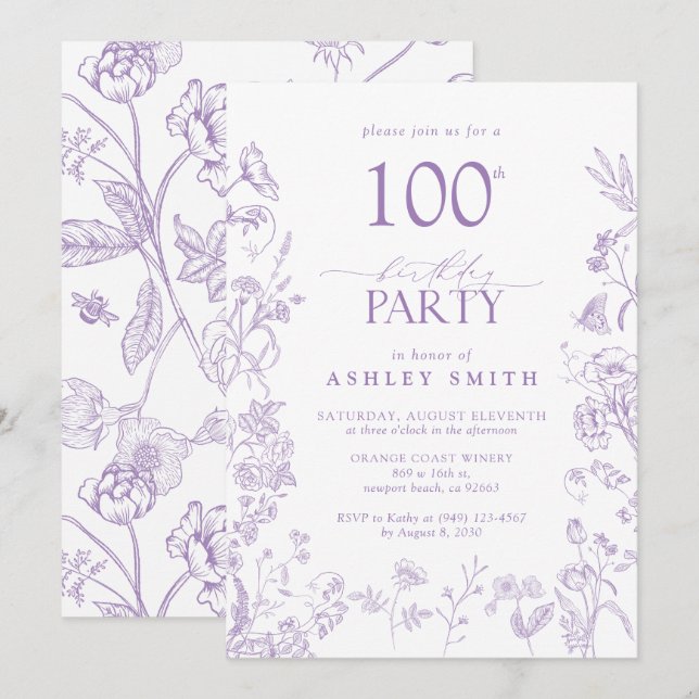 Invitación Lavanda de la fiesta de cumpleaños 100 de la flora (Anverso / Reverso)
