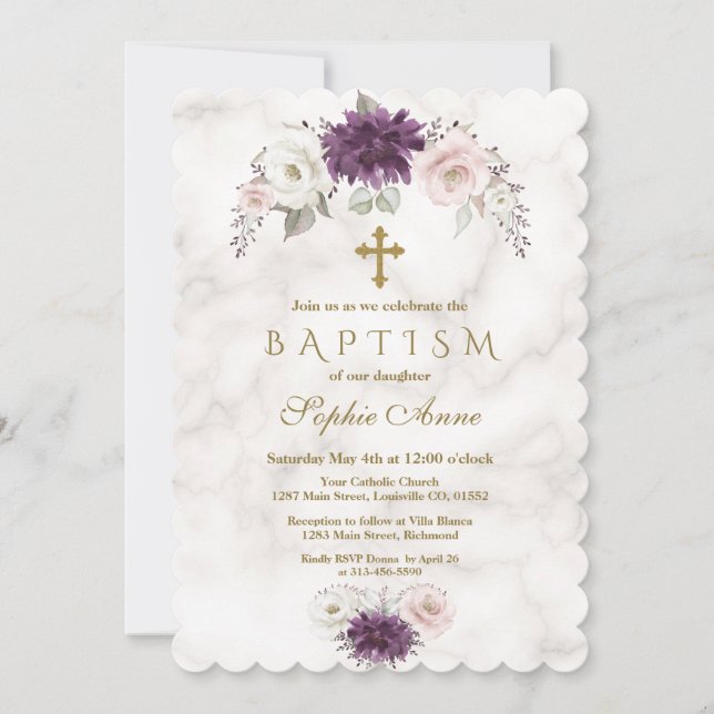 Invitación Lavanda de lujo Rubor Floral Cross Marble Baptism (Anverso)
