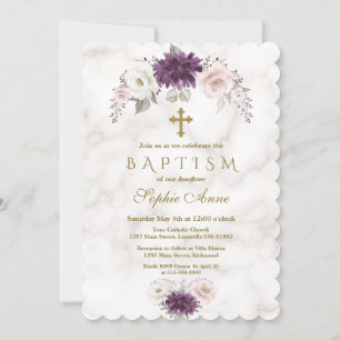 Invitación Lavanda de lujo Rubor Floral Cross Marble Baptism