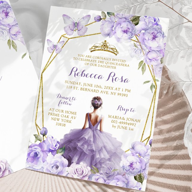 Invitación Lavanda dorada Morada Mariposa Floral Quinceañera (Subido por el creador)