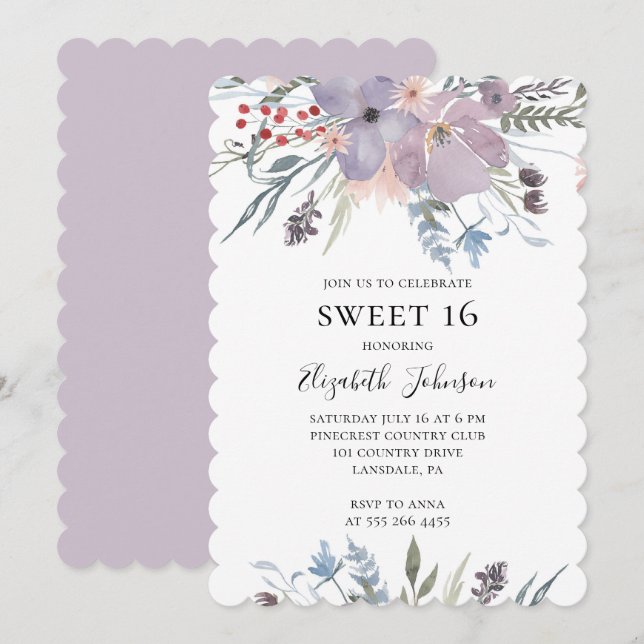 Invitación Lavanda dulce 16. Morado floral de 16 años (Anverso / Reverso)