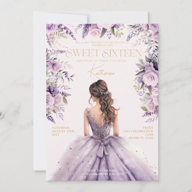 Invitación Lavanda Dulce Dieciséis Vestidos Púrpura Floral (Anverso)