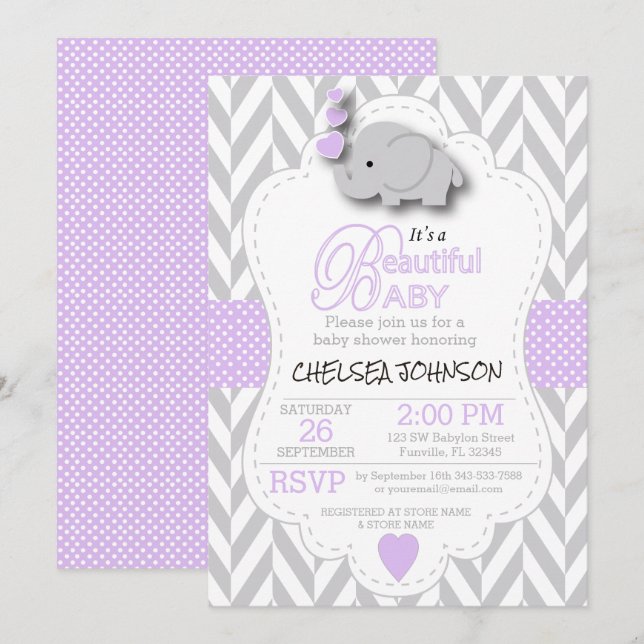 Invitación Lavanda, elefante gris blanco 🐘 Baby Shower (Anverso / Reverso)
