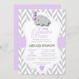 Invitación Lavanda, elefante gris blanco 🐘 Baby Shower