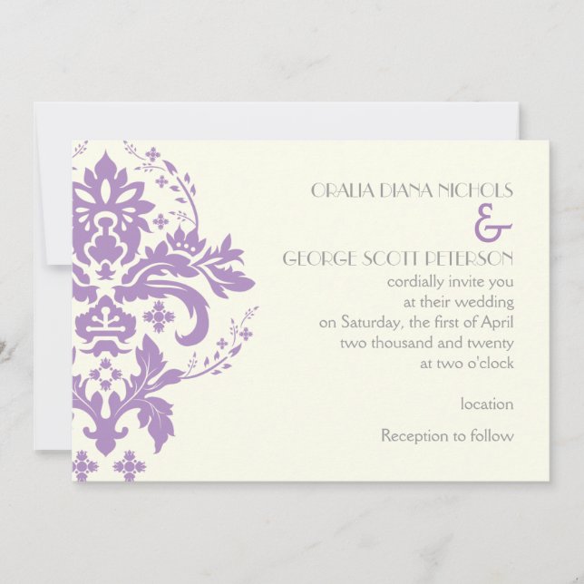 Invitación Lavanda elegante adamascada, gris, boda de marfil (Anverso)