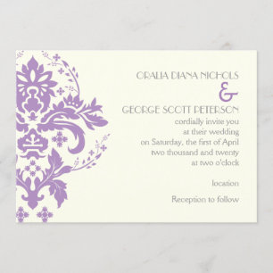 Invitación Lavanda elegante adamascada, gris, boda de marfil