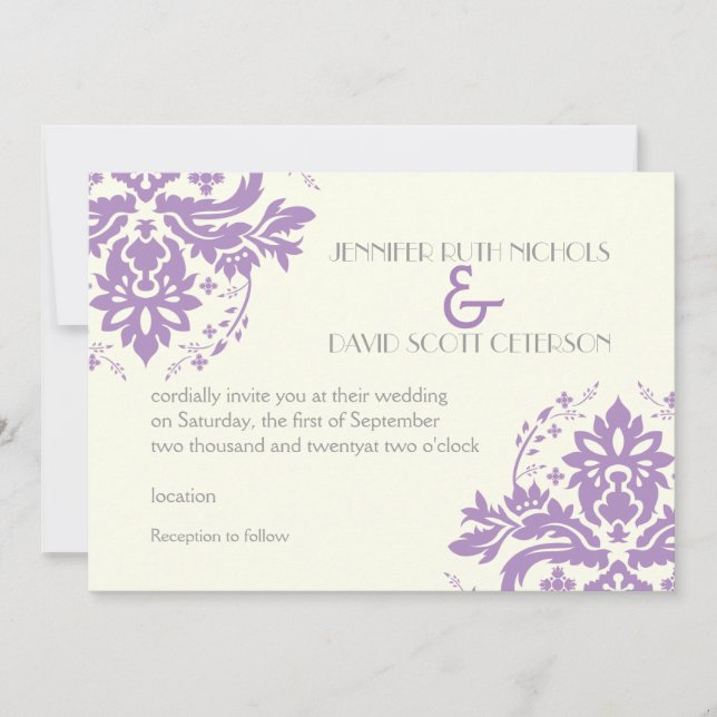 Invitación Lavanda elegante adamascada, gris, boda de marfil (Anverso)