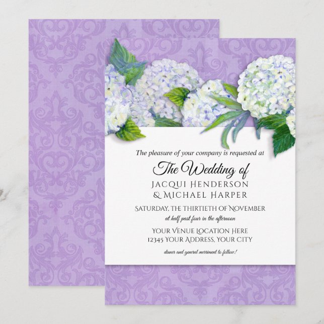 Invitación Lavanda elegante Damask y Floral de Hydrangea blan (Anverso / Reverso)