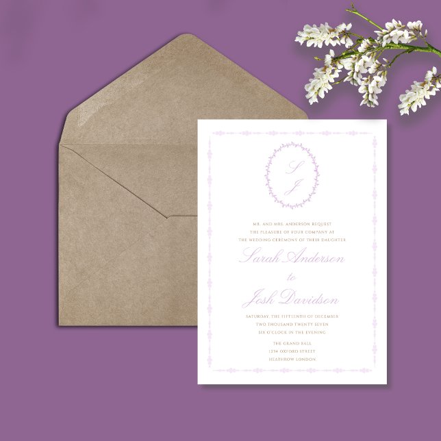 Invitación Lavanda Elegante Monograma Floral Mínimo (Subido por el creador)