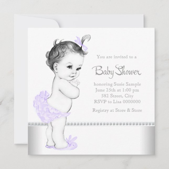 Invitación Lavanda elegante y Baby Shower plateado (Anverso)