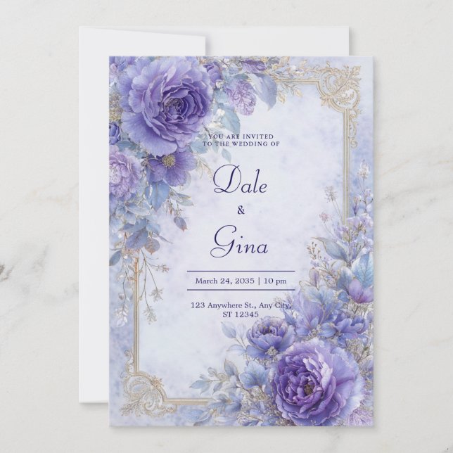 Invitación Lavanda elegante y Boda floral barroco dorado (Anverso)