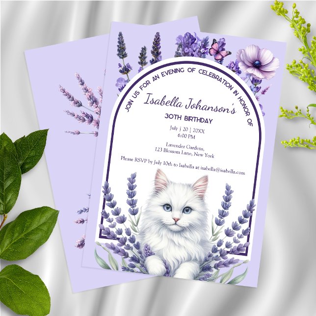 Invitación Lavanda elegante y cumpleaños de gato blanco (Subido por el creador)