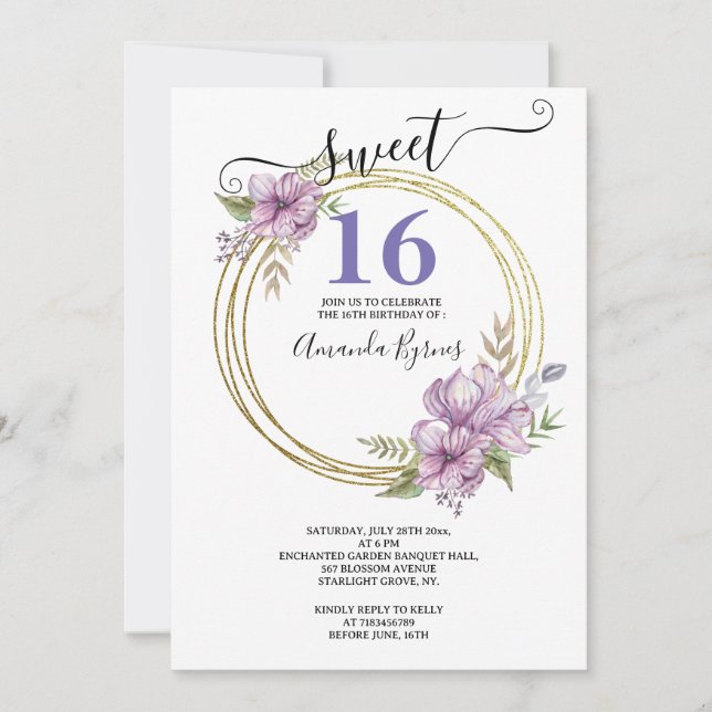 Invitación Lavanda elegante y dulce dorado 16 Círculo floral (Anverso)