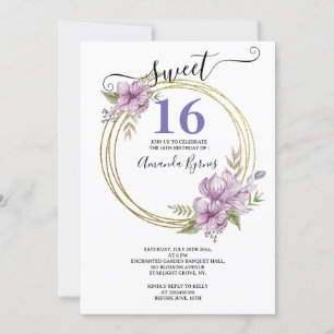 Invitación Lavanda elegante y dulce dorado 16 Círculo floral