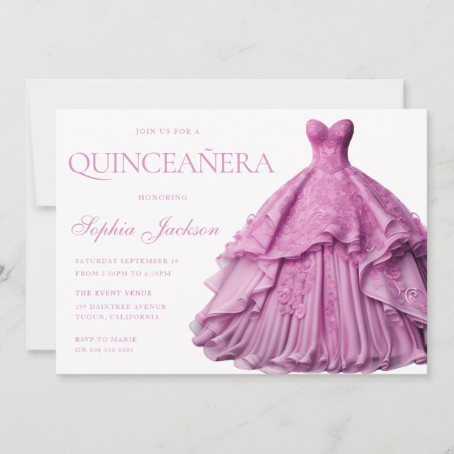 Invitación Lavanda encantada Vestido púrpura traje Quinceaner (Anverso)
