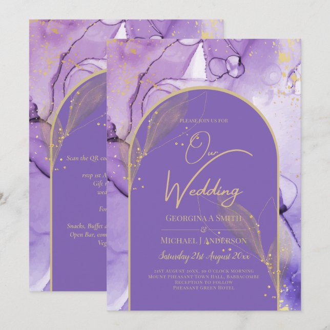 Invitación Lavanda enigmática y Boda morado dorado (Anverso / Reverso)