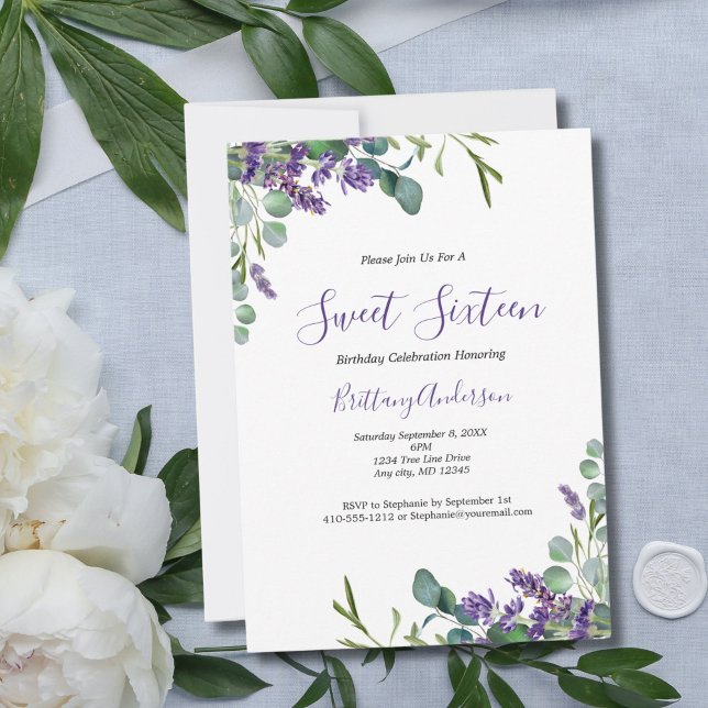 Invitación Lavanda Eucalipto Cumpleaños Dulces Dieciséis 16 (Lavender and Eucalyptus Sweet Sixteen 16th birthday party invitation. Digital or Printed. )