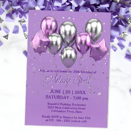Invitación Lavanda festiva y globos de estrella plateada Cump