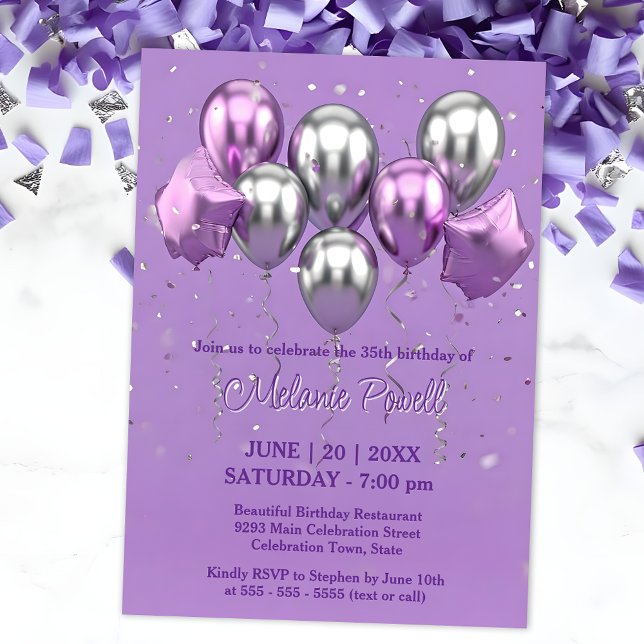 Invitación Lavanda festiva y globos de estrella plateada Cump (Subido por el creador)