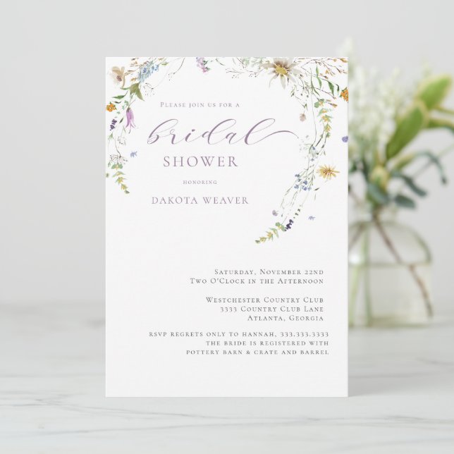 Invitación Lavanda Flora Silvestre Sencilla Floral Brigada (Anverso de pie)