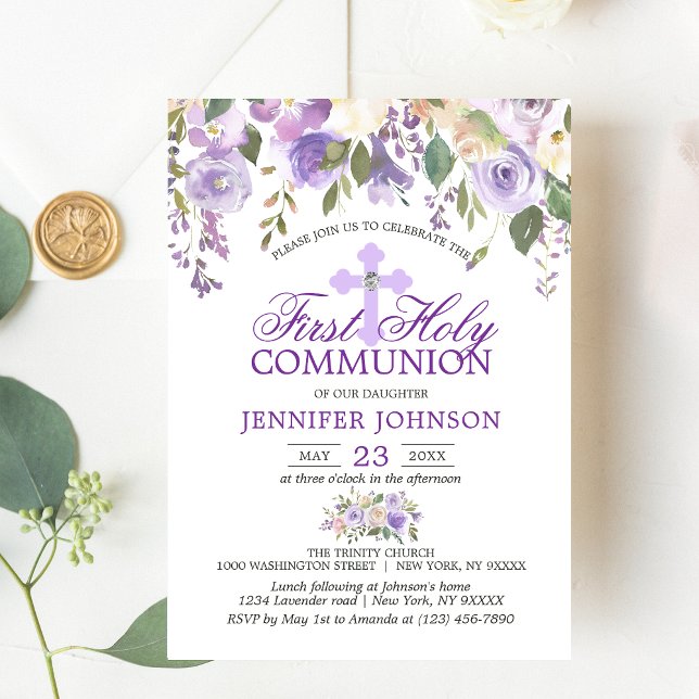 Invitación Lavanda floral acuarela Primera Comunión Santa (Subido por el creador)