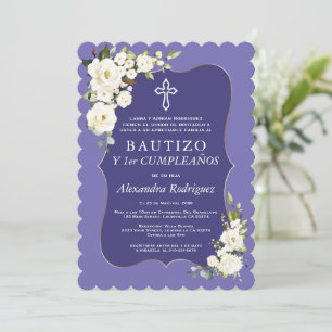 Invitación Lavanda Floral Blanca Español Primer Bautismo de C
