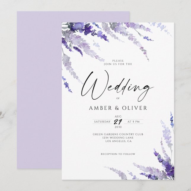 Invitación Lavanda Floral Elegante Boda Dusty Purple Lilac (Anverso / Reverso)