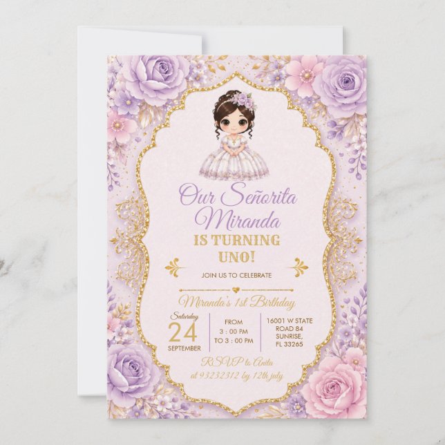 Invitación Lavanda Floral Mi Bautizo Primer Cumpleaños  (Anverso)