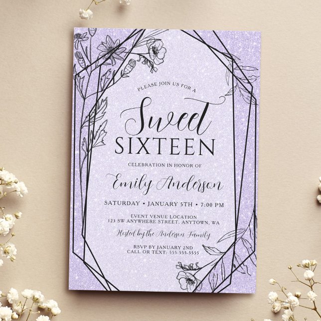 Invitación Lavanda floral moderna Purpurina púrpura dulce 16 (Subido por el creador)