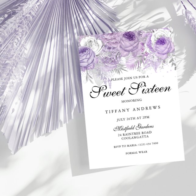 Invitación Lavanda Flores de plata morada blanca dulce 16 (Subido por el creador)