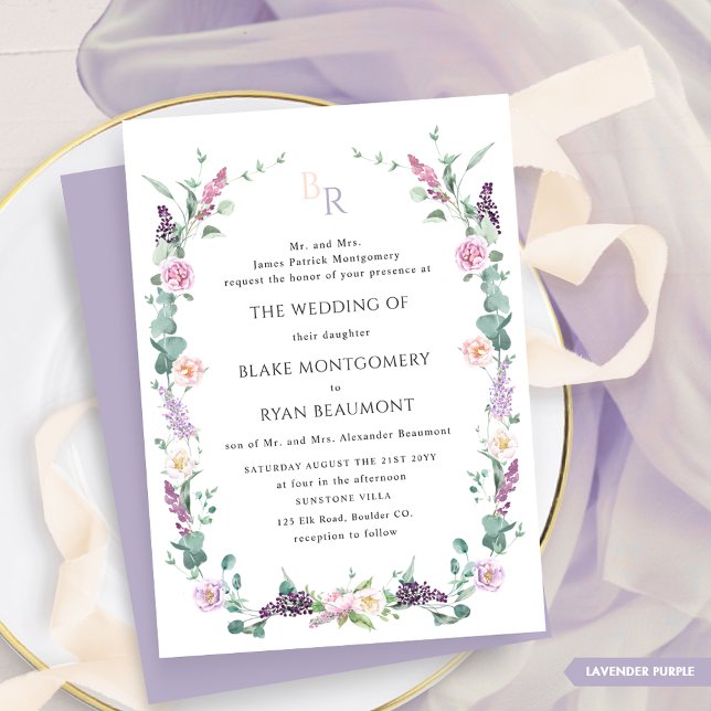 Invitación Lavanda formal Boda de monograma morado floral (Subido por el creador)