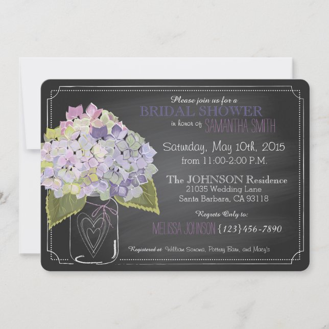 Invitación Lavanda Hydrangea Jar Chalkboard Ducha de novia (Anverso)