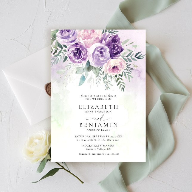 Invitación Lavanda Lilac Púrpura Moda Romántica Boda Floral (purple lavender lilac wedding invitation watercolor floral garden romantic rustic elegant )