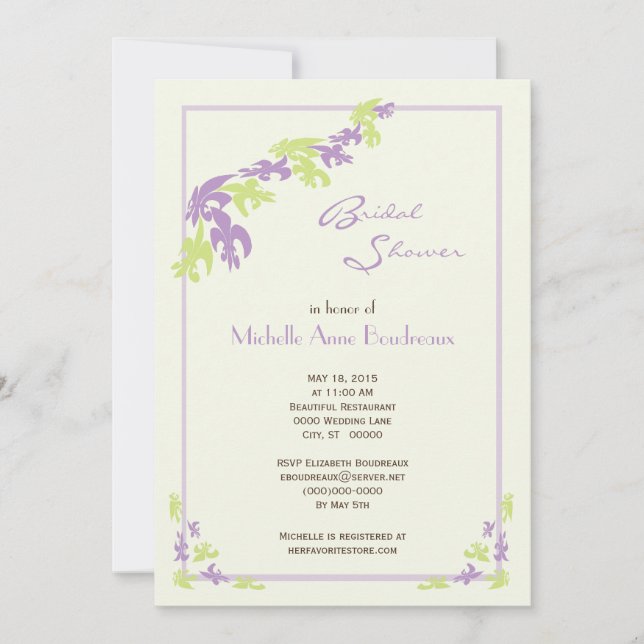 Invitación Lavanda Lime Fleur de Lis Moderna Ducha Bridal (Anverso)