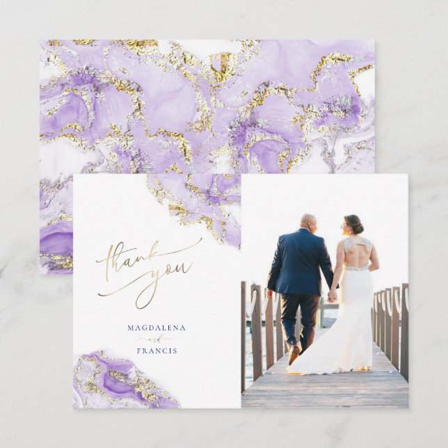 Invitación lavanda líquido de oro boda de mármol de agradecim (Anverso / Reverso)